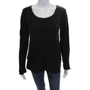Leallo Women Basic Black Cotton T Shirt Round Neck Long Sleeve Size L